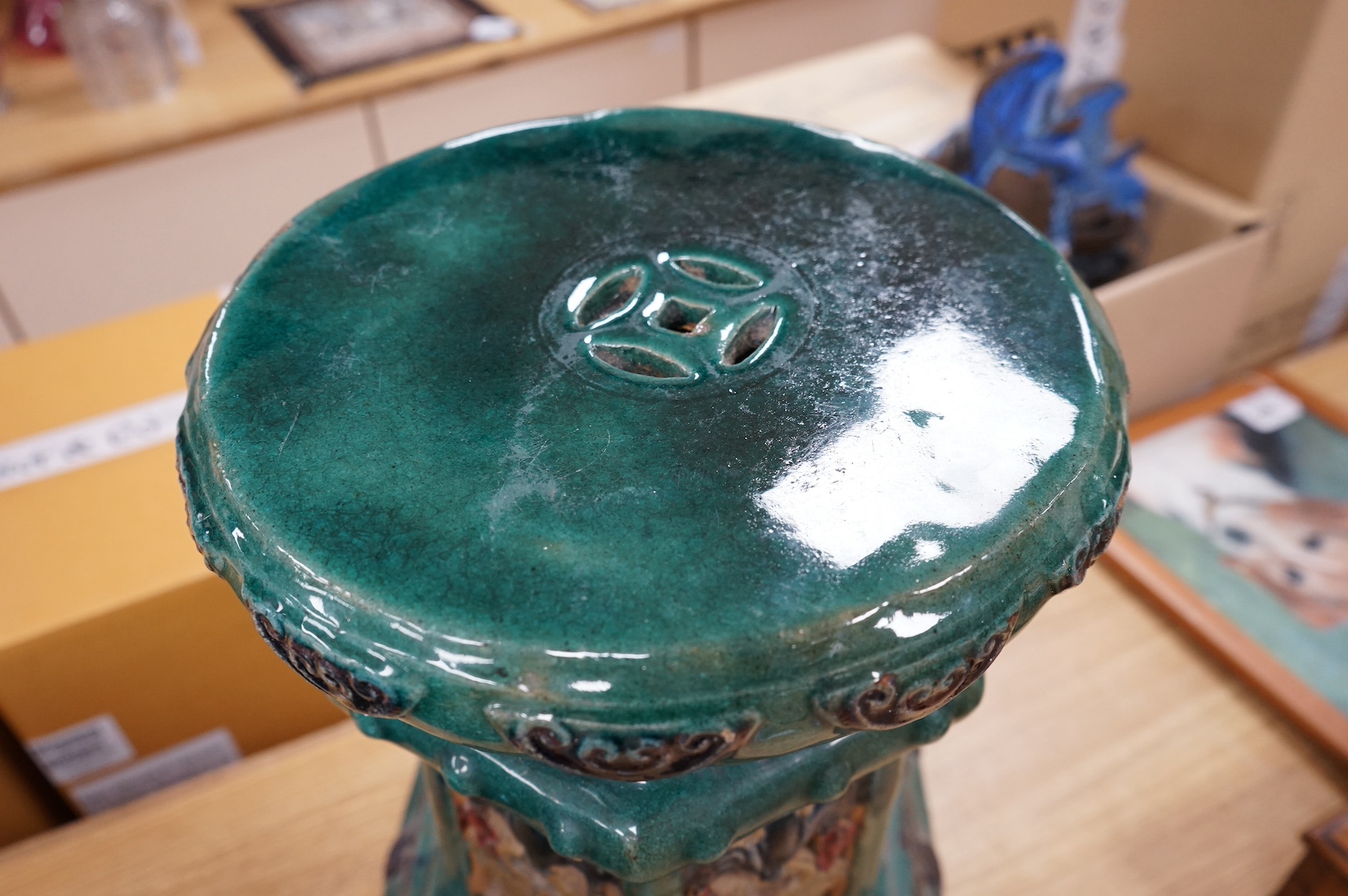 Two Chinese ceramic turquoise glazed garden seats, largest 41cm high. Condition - fair